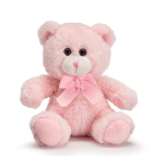 Pink plush teddy bear with a ribbon bow