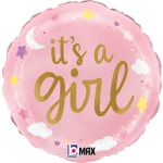 Pink balloon with the words "it's a girl" and cloud and star decorations