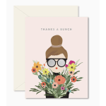 Pink thank-you card with a woman holding colorful flowers