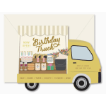 Birthday truck greeting card with cake, wine, gifts, and flowers