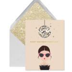 Birthday card with a disco ball illustration and glittery envelope