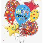 Bouquet of colorful Happy Birthday balloons in various shapes with confetti accents.