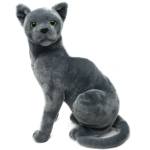 Gray plush cat figurine with green eyes on a white background
