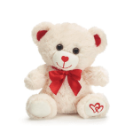Cream teddy bear with a red bow and heart details