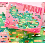 Colorful Maui illustrated map jigsaw puzzle with pink and green background.