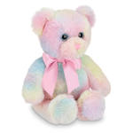Pastel rainbow teddy bear with a pink ribbon bow