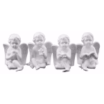 Four small angel figurines seated in a row, each holding a different object