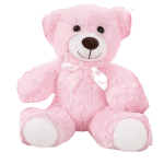 Pink teddy bear with a white ribbon bow