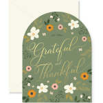Green floral thank-you card with gold script in front of an envelope