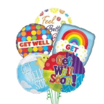 Cluster of colorful get-well balloons with rainbow and text designs