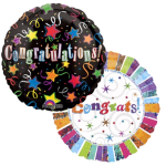 Two colorful congratulatory balloons with star patterns and streamers