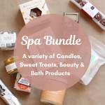 Spa bundle with candles, sweets, and bath products arranged on a flat surface