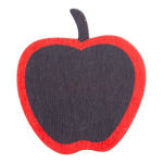 Black apple-shaped chalkboard sign with a red border