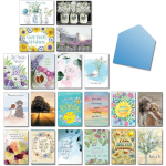 Assorted floral greeting cards and a blue envelope displayed in a grid.