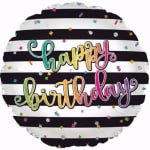 Round birthday balloon with black-and-white stripes and colorful lettering