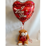 Red heart balloon above a teddy bear holding a small heart gift
