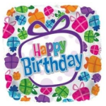 Birthday card with colorful gift illustrations and "Happy Birthday" text