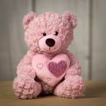Pink teddy bear holding a heart-shaped plush