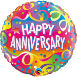 Round balloon with "Happy Anniversary" text and colorful confetti design
