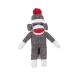 Sock monkey plush toy wearing a red pom-pom hat