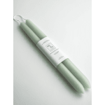 Pair of pale green taper candles bound together with a white label