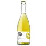 Bottle of apple cider with a white label and green apple graphic