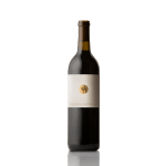 A dark wine bottle with a white label on a green background