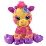 Colorful plush giraffe toy with purple feet and pink accents