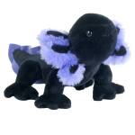 Black and purple plush frog toy on a white background