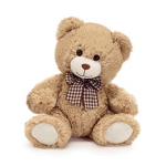 Plush teddy bear with a checkered bow tie
