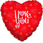 Red heart-shaped 'I Love You' balloon with white and pink lettering and small heart illustrations