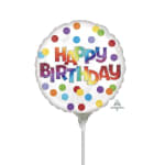 Round birthday balloon with colorful polka dots and "Happy Birthday" text