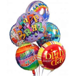 Cluster of colorful birthday balloons with printed messages