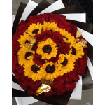 Bouquet of red roses and yellow sunflowers with butterfly picks