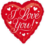 Red heart-shaped balloon with white hearts and I Love You text