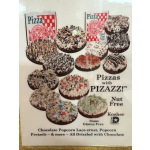 Poster showing assorted chocolate-drizzled popcorn pizzas in pizza boxes