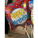 Red birthday balloon with colorful stars and "Happy Birthday" text