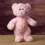 Pink plush teddy bear with a ribbon around its neck