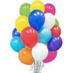 Cluster of colorful balloons with curling ribbons