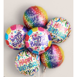 Bundle of five round multicolor Happy Birthday foil balloons on strings
