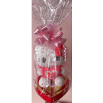 Gift basket with a Hello Kitty plush, wrapped in clear cellophane and pink ribbon