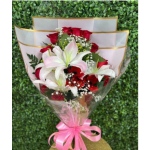 visions of love Bouquet 12 Red rouses with 3 Lilis