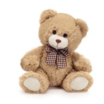 Plush teddy bear with a checkered bow tie on a white background