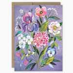 Floral greeting card with colorful painted flowers on a purple background