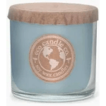 Blue soy wax candle in a clear glass jar with tan fitted lid