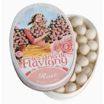 Oval tin of rose-flavored mints with pink floral artwork