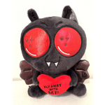 Gray plush bug with large red eyes holding a red heart that says Fly Away With Me