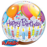 Clear birthday balloon with colorful balloons and candles