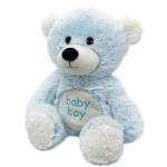 Light blue teddy bear with "baby boy" text on its belly