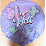 Round purple balloon with butterflies and the words Get Well
